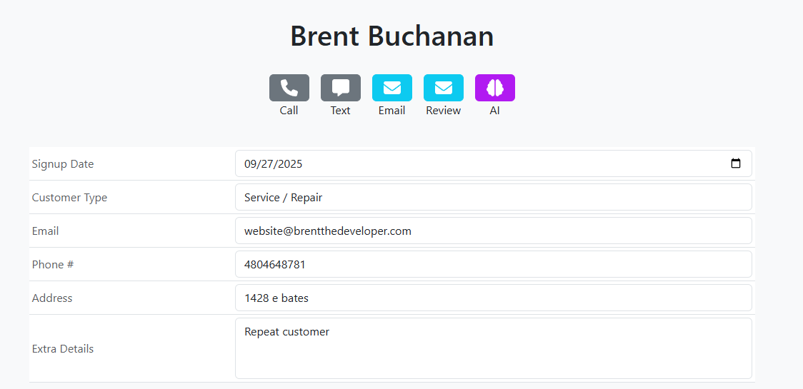 DuroWork customer page displaying customer information and job details