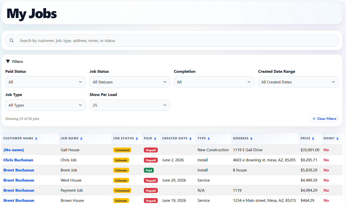 DuroWork jobs list showing how service work is organized
